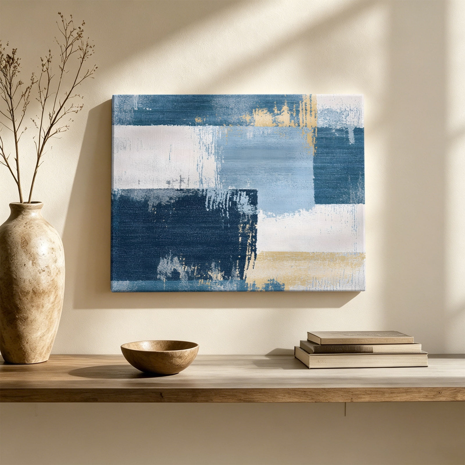Abstract Collage Art Canvas Wall Art Vintage Blue Oil Painting Theme Wall Art Prints Artwork Framed Canvas Ready to Hang Art Pictures for Hallway Living Dining Room Bedroom 24 x 16