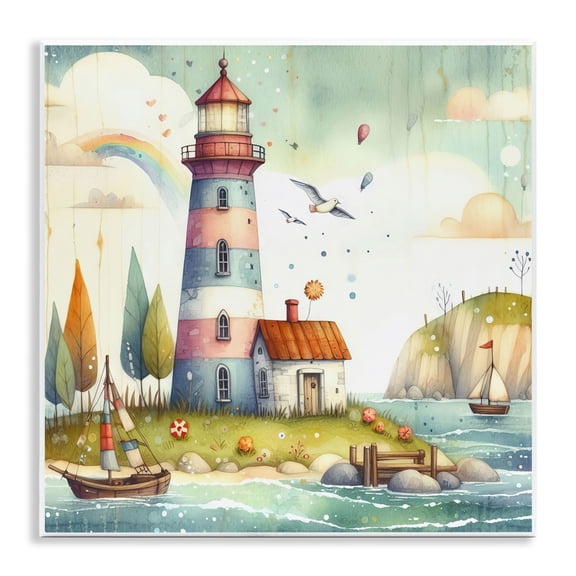 Stupell Industries Lighthouse Cottage Scenery Nautical & Beach Painting Unframed Art Print Wall Art, 12 x 12