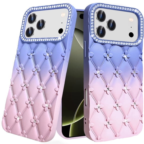 For iPhone 17 Pro Floral Joy Glitter Shimmer Leather Feel Thick TPU Case - Light Blue/Light Pink