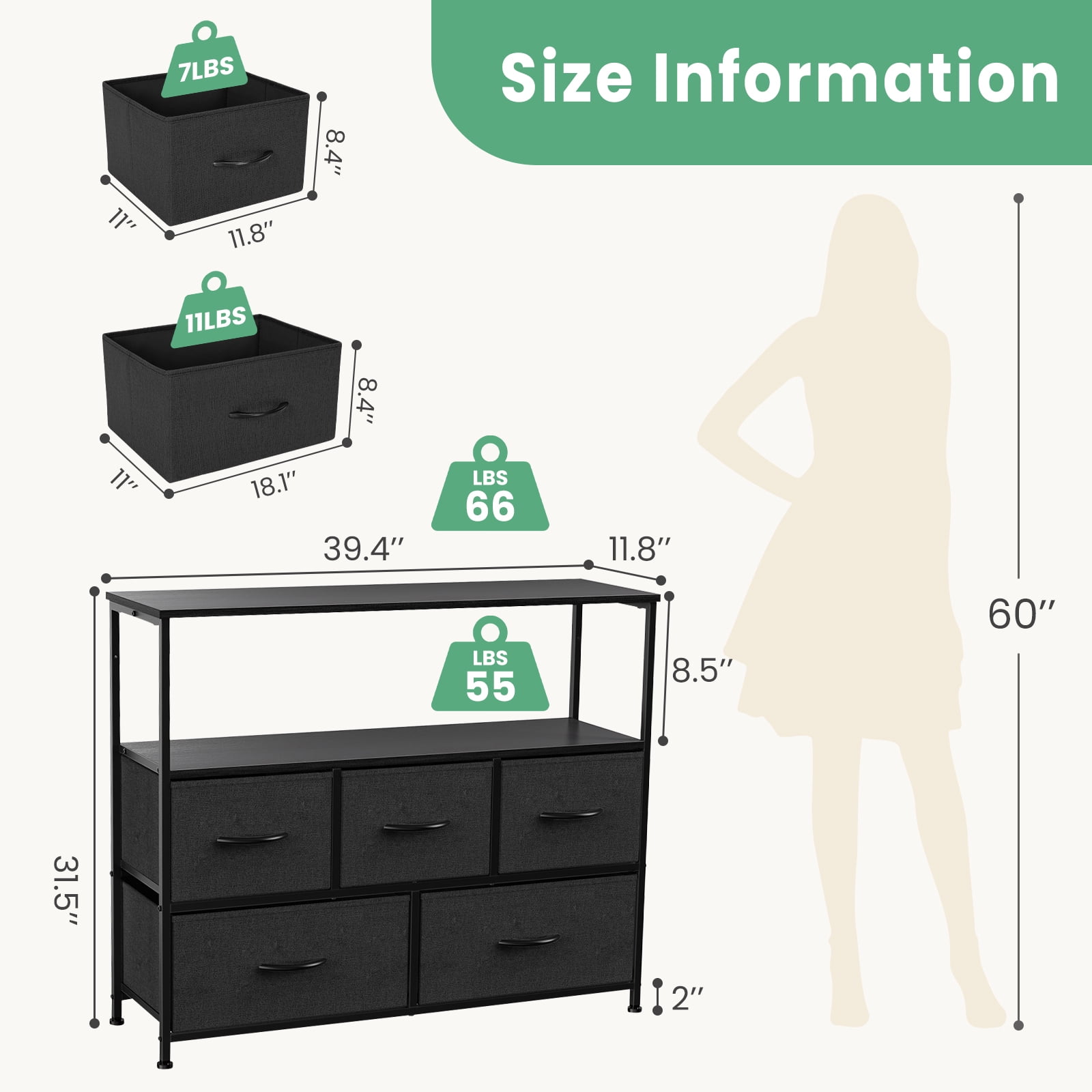 CONCETTA Dresser TV Stand for 45" TV with 5 Fabric Drawers, Sturdy Dresser for Bedroom with Wood Open Shelves, Dressers & Chest of Drawers for Living Room, Entryway, Closet, Black