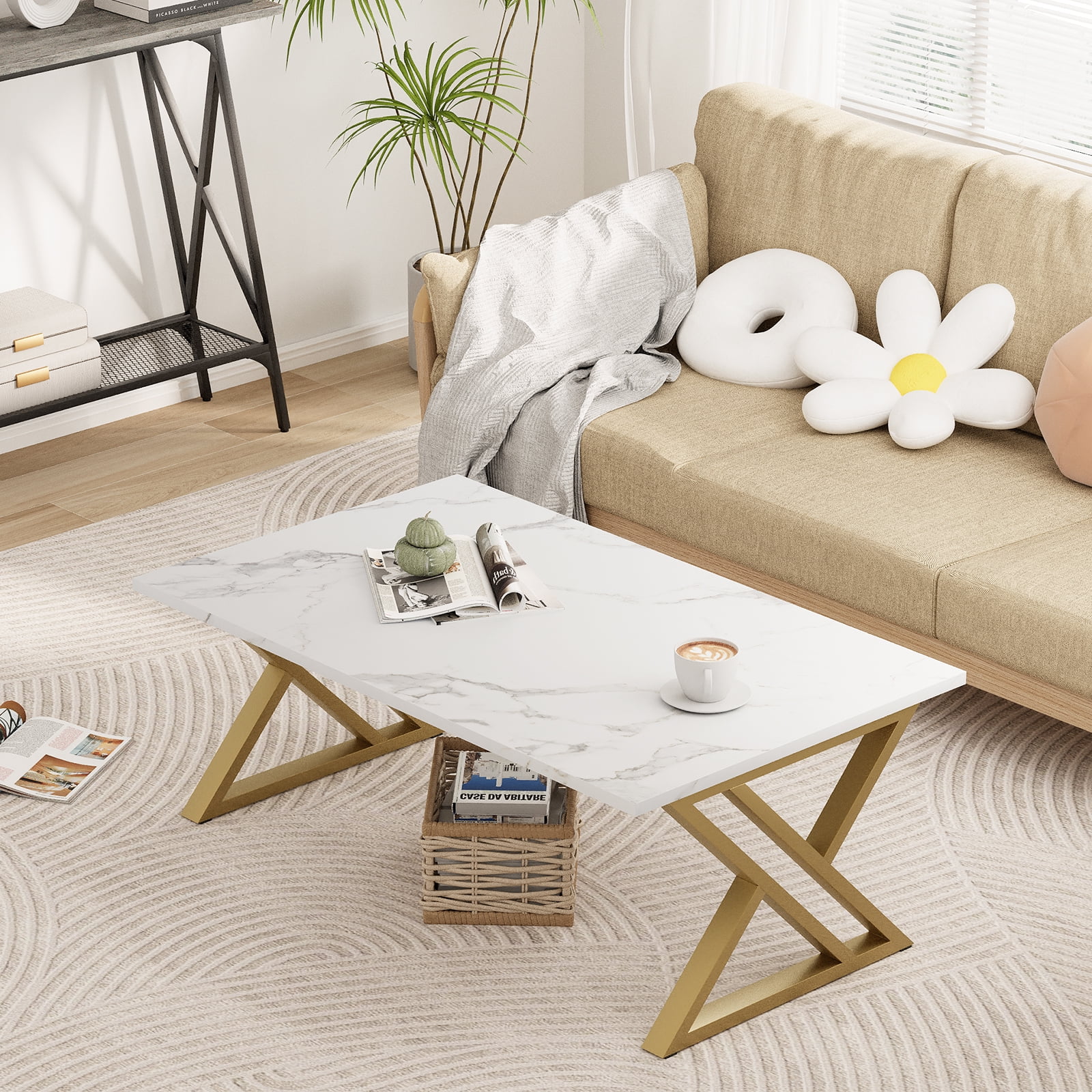 Coffee Table White Living Room Center Table, Simple Modern Faux Marble Rectangular Tea Table with Sturdy Black Metal Frame