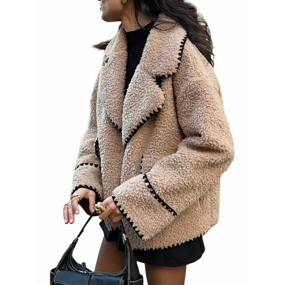 Women Winter Faux Fur Coats Long Sleeve Lapel Outerwear Cardigan Fashion Fur Coat Top Khaki XS
