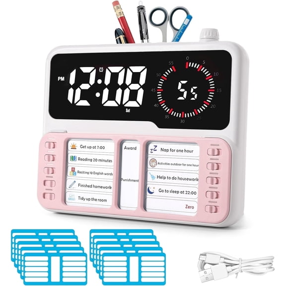 7-in-1 Visual Timer for Kids&Adults with Task Planner, Time Management Tool with Planning Board, Alarm Clock, Countdown, Calendar, Temperature Display&Storage, Birthday Gift for Girls School Supplies