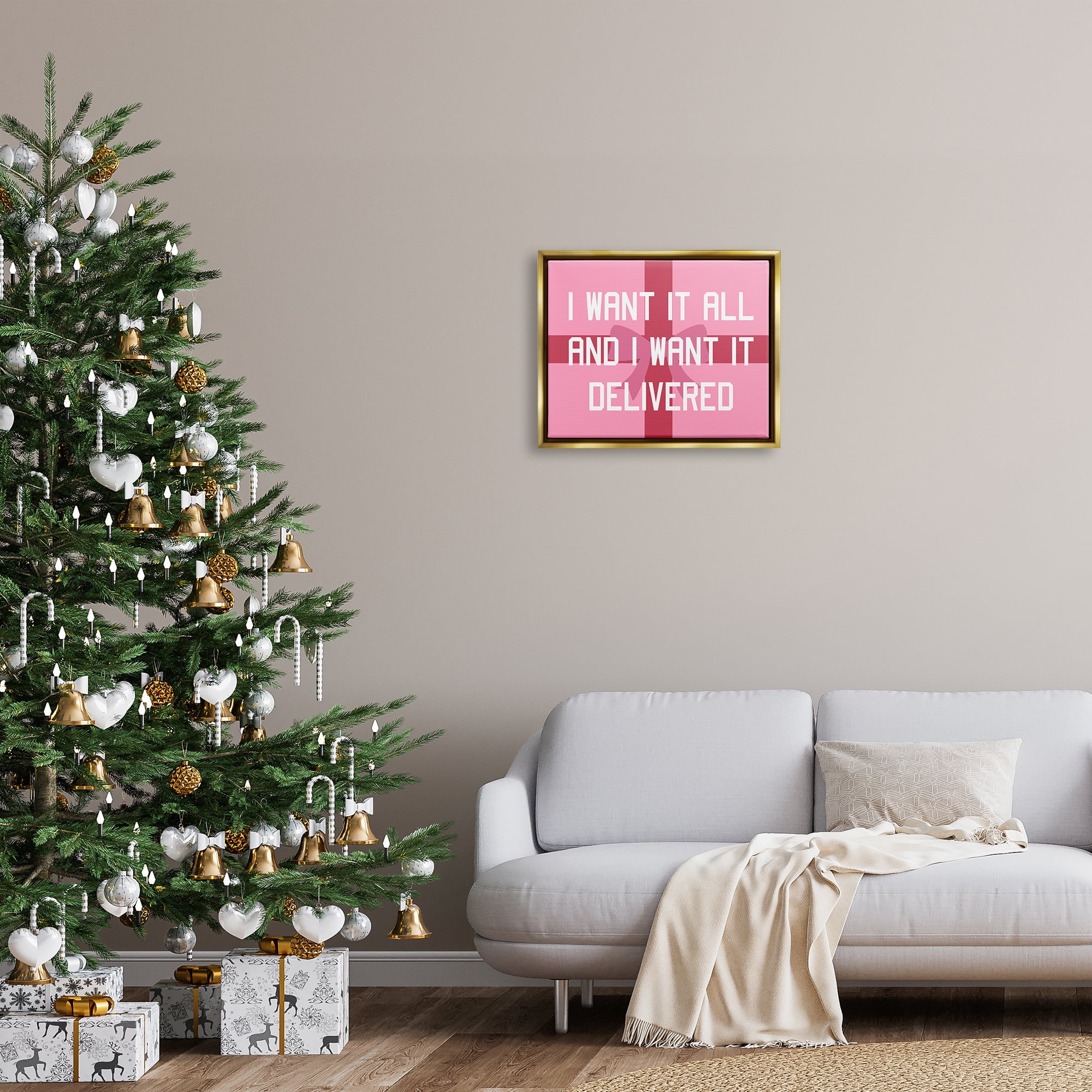 Stupell Industries Funny Want Gifts Delivered Holiday Painting Gold Floater Framed Canvas Art Print Wall Art, 21 x 17