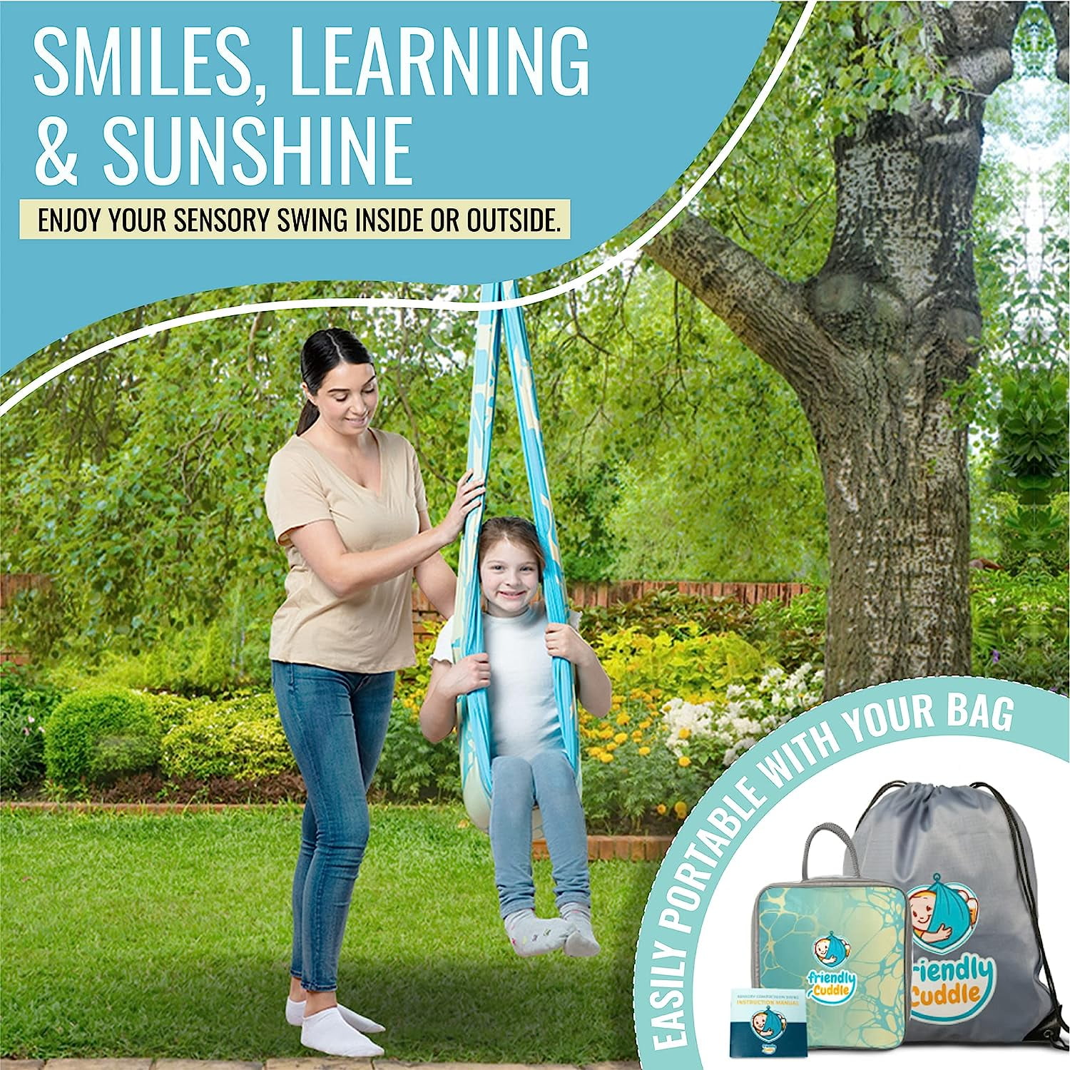 Friendly Cuddle Sensory Swing for Kids & Adults Cocoon Hammock, Marble Blue & Yellow