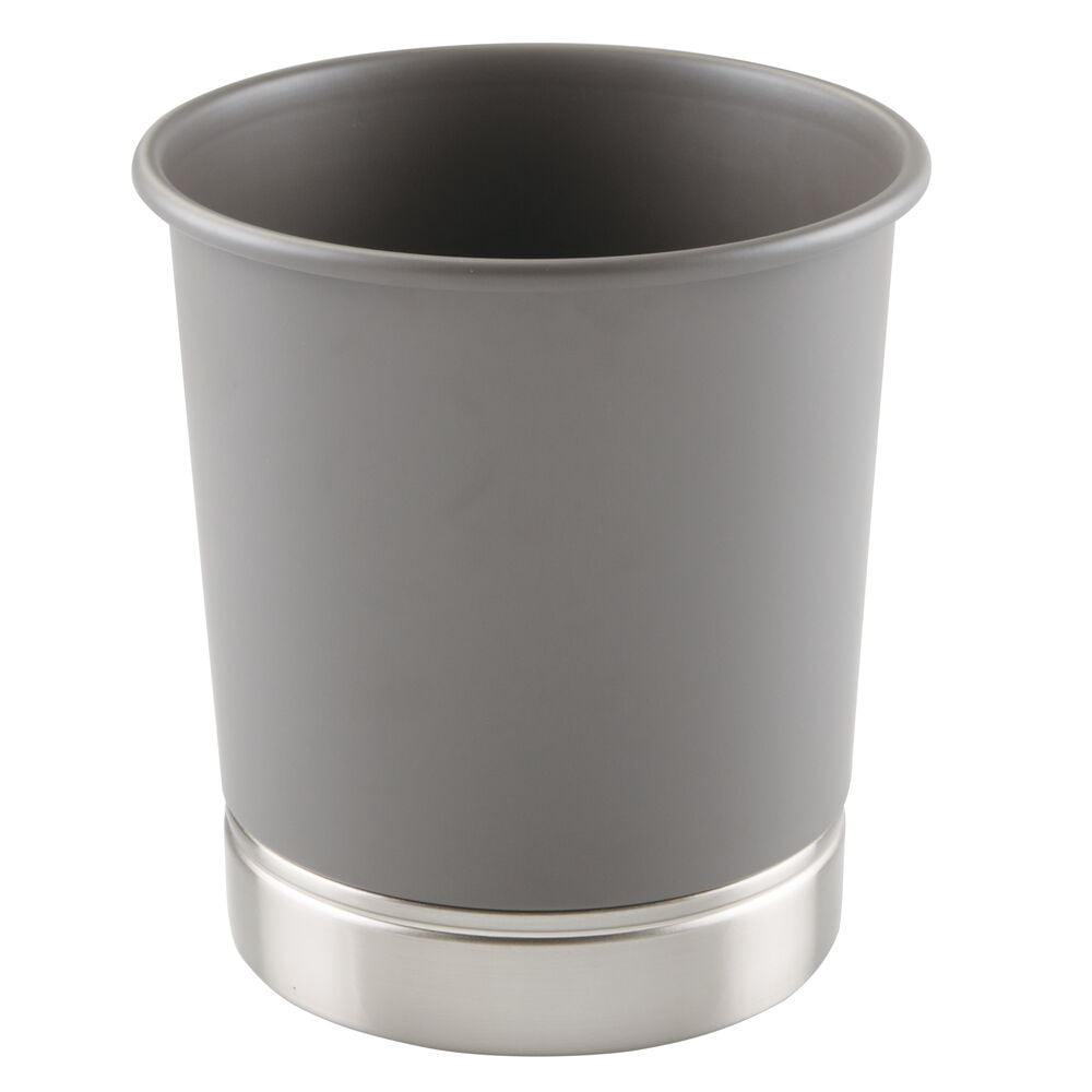 iDesign Home Office Trash Can, 2 Gallon Small Steel Round Open Top Garbage Bin, Gray/Brushed Metal Base