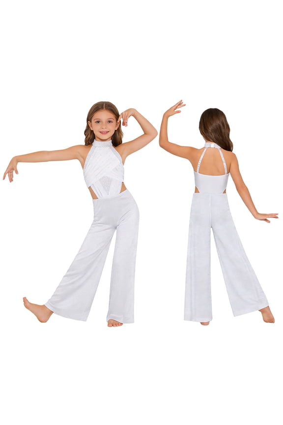 Big Girls Sleeveless Mesh Overlay Jumpsuit Wide Leg Romper Pants Gymnastics Leotard Lyrical Dance Dress White 8