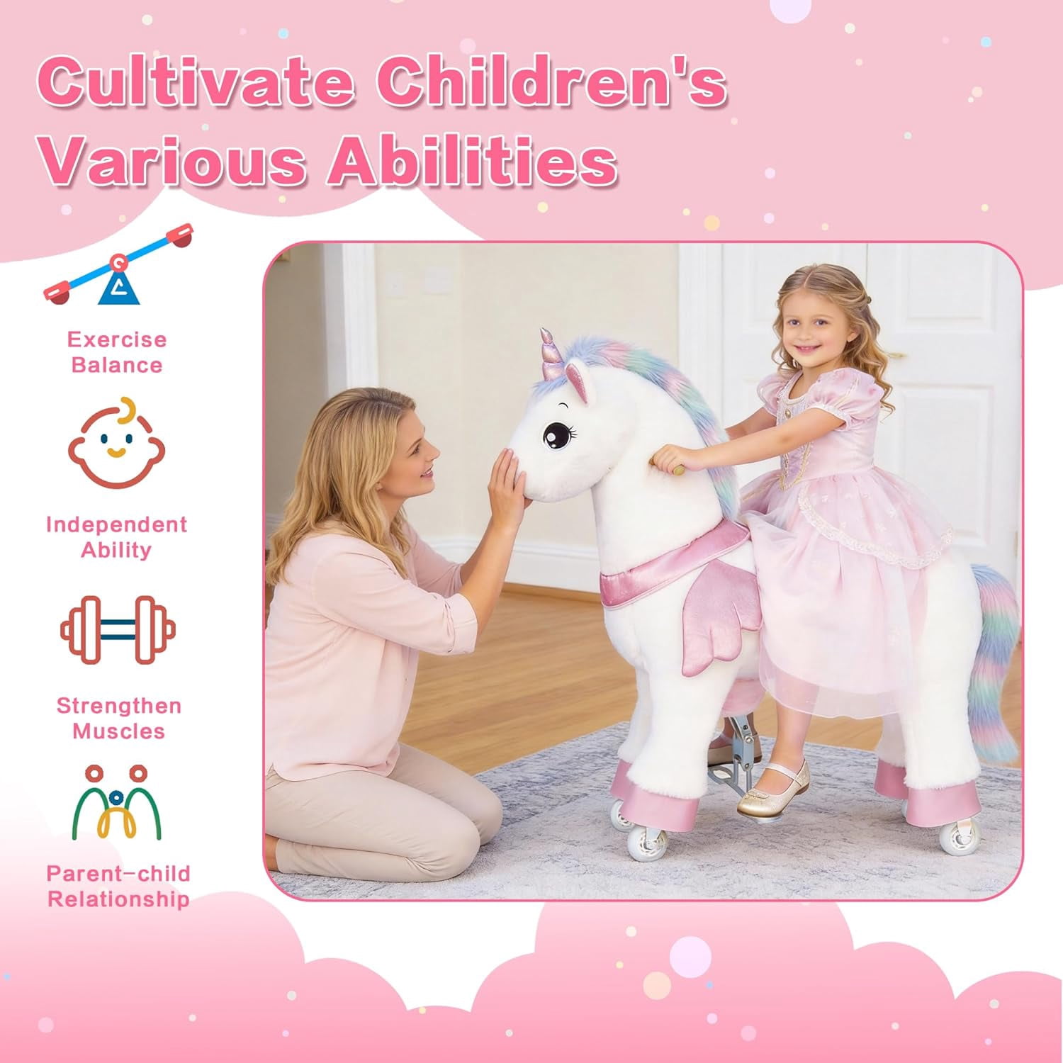 DEYGIA Ride on Unicorn Toys for Kids, Ride on Toy for Girls 4 to 9 Years Old, 36.6'' Height Riding Horse Rider Mechanical Walking Action Toys, No Battery or Electricity, Max Load 165LBS