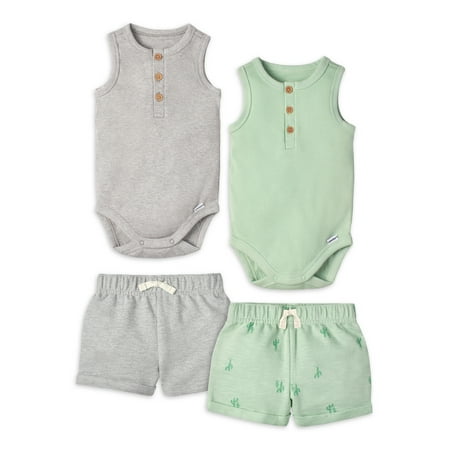 

Modern Moments by Gerber Baby Boy Ribbed Henley Bodysuits and Shorts Outfit Sets 4-Piece 0/3 -24 Months