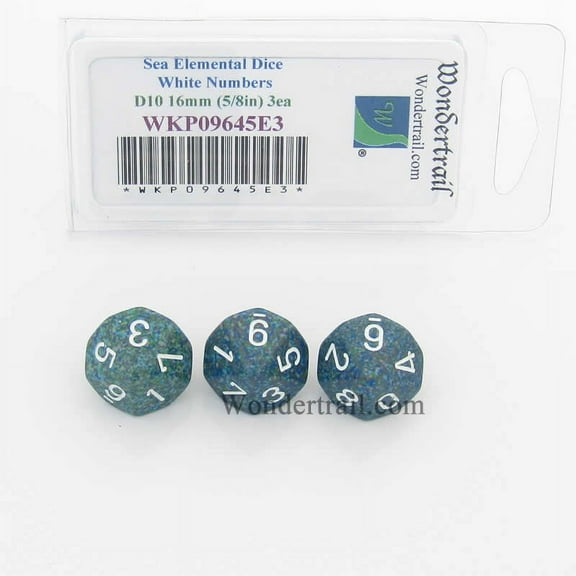 Sea Elemental Dice with White Numbers D10 16mm (5/8in) Pack of 3 Wondertrail