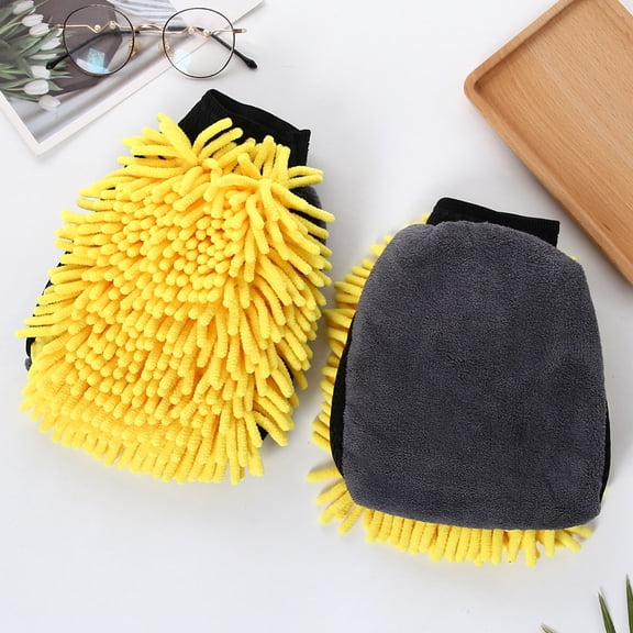 2PCS Microfiber Soft Chenille Car Wash Mitts, Scratch and Lint Free Car Dusting Glove, Double Sided Wash Mitt, Ultra Absorbent for Car Washing, Home Cleaning Mitt (Yellow)