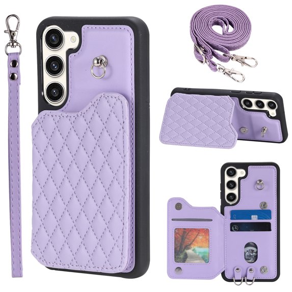 Elegant Crossbody Strap Wallet Case for Samsung Galaxy S23 with Card Holder, Shockproof Purse Magnetic Closure Phone Cover with Wrist Strap for Samsung Galaxy S23 - Purple