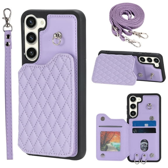 Elegant Crossbody Strap Wallet Case for Samsung Galaxy S23 with Card Holder, Shockproof Purse Magnetic Closure Phone Cover with Wrist Strap for Samsung Galaxy S23 - Purple