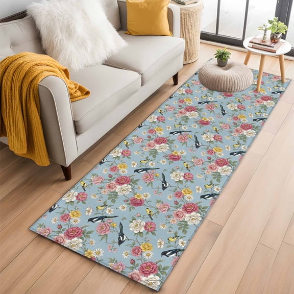Runner Rug 2 x 6 Ft, Spring Red Floral Washable Non-Slip Floor Mat for Kitchen Hallway/Entryway, Daiy Birds Farmhouse Blue Botanical Long Kitchen Runner Area Rugs for Living Room, Low-Profile