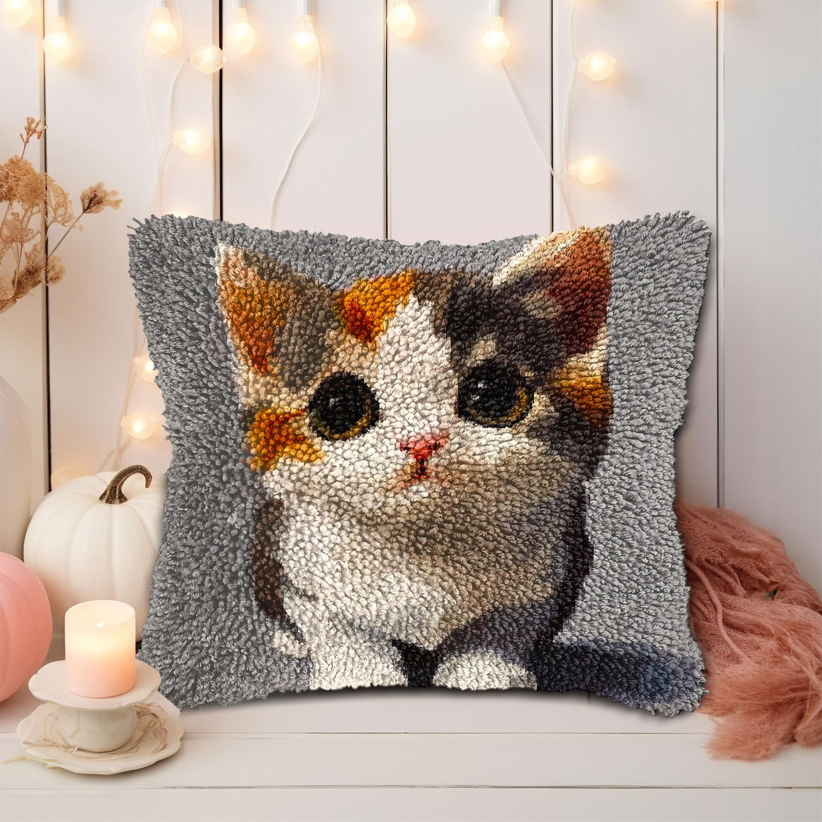 Cute Cartoon Cat DIY Latch Hook Pillow Kits for Adults Printed Pillowcase Crochet Yarns Hooking Handmade Pillow Cover Cushion for Home Sofa Decoration 17x17inch