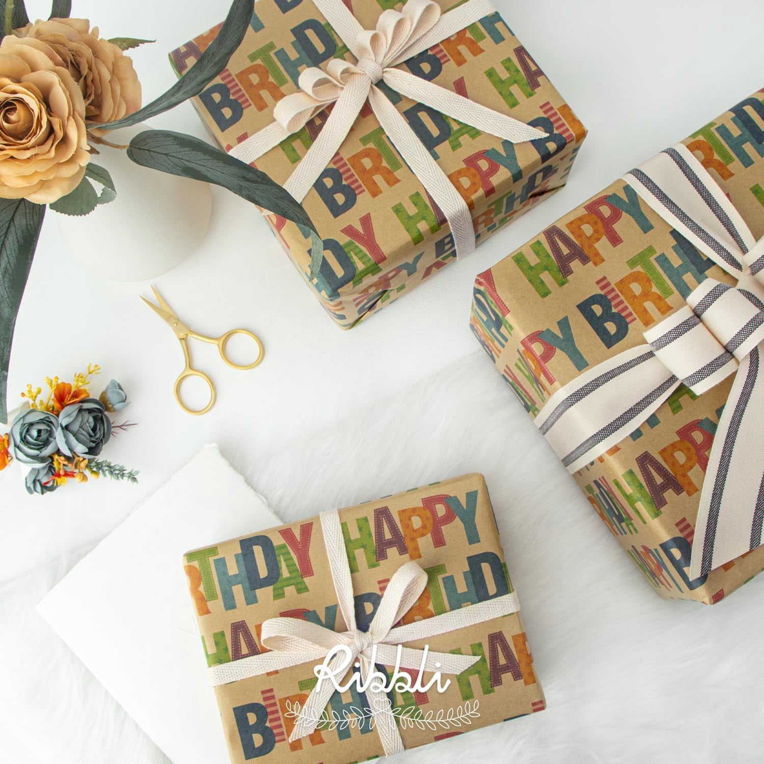 Birthday Kraft Wrapping Paper Vintage Style Paper Perfect for Kids Boys Girls Brown Kraft Paper with Colorful Pattern- 17Inch x 394Inch(33Feet)