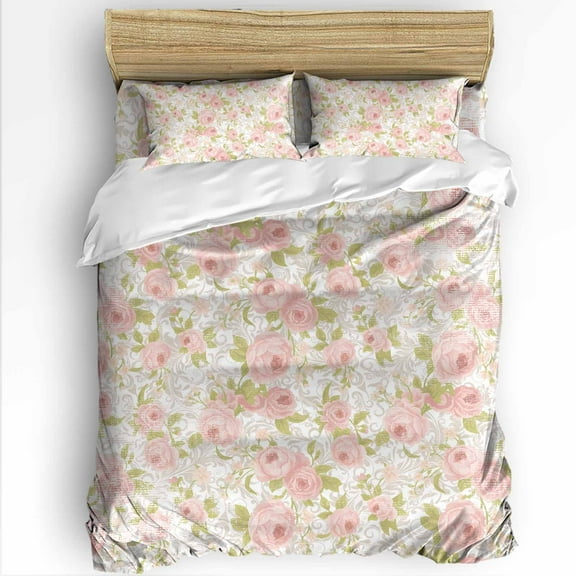 Spring Flowers King Size Comforter Set, Retro Pink White Floral Texture Soft Bedding for All Seasons, 4 Pcs Bed Set with 1Comforter (90"x106") ,1 Sheet(94"x116"), 2 Pillowcases (19"x35")