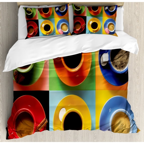 Coffee Duvet Cover Set King Size, Cups of Coffee Tea Hot Chocolate on Colorful Background with Tasty Deserts Biscuits, Decorative 3 Piece Bedding Set with 2 Pillow Shams, Multicolor, by Ambesonne