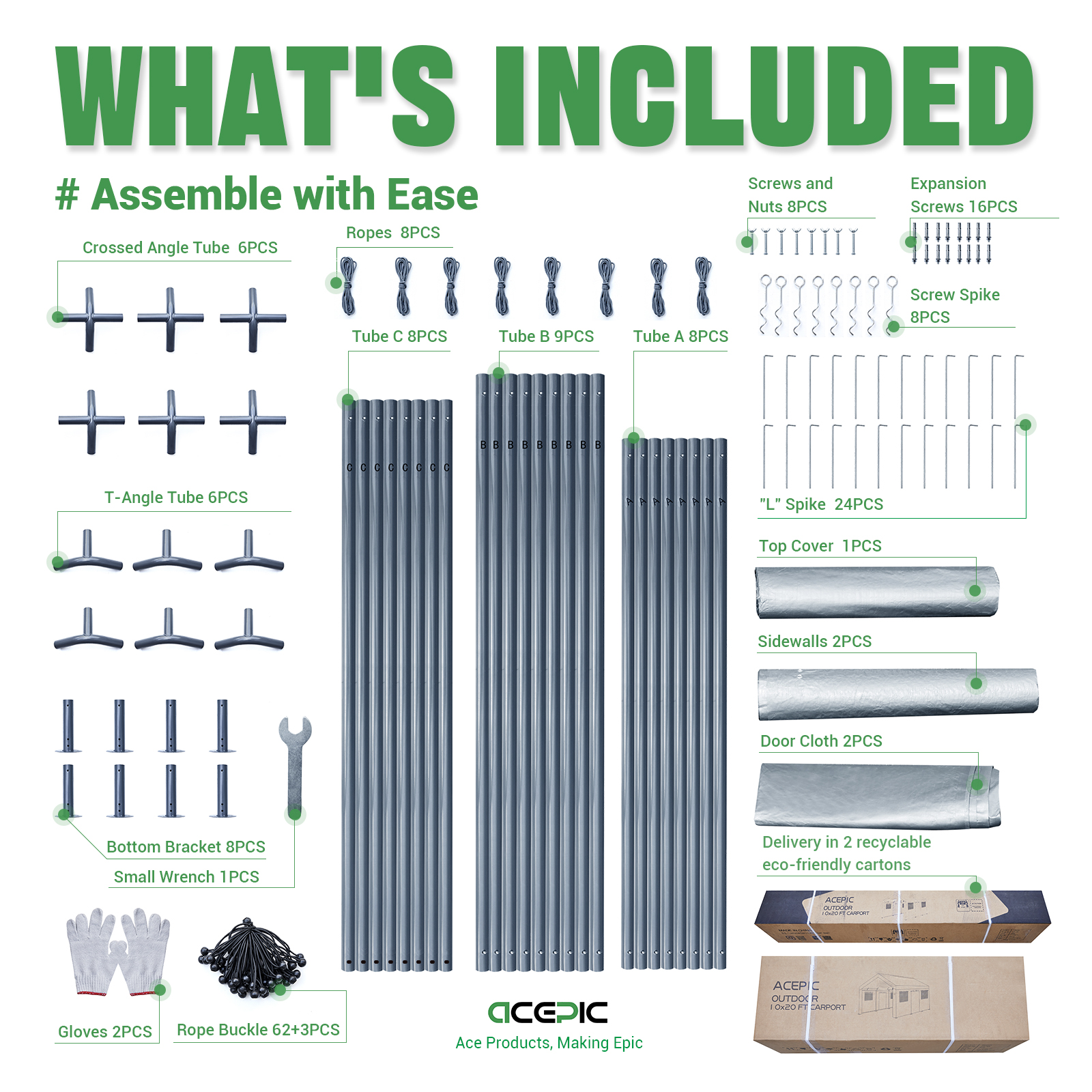 Acepic Carport 10x20ft Heavy Duty Carport Features Roll-up Windows & Doors, Portable Garage with UV Resistant Waterproof All-Season Tarp for Car, Truck, Boat