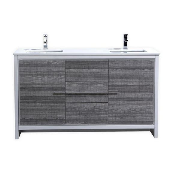 Kubebath 60″ Double Sink Ash Gray Modern Bathroom Vanity with White Quartz Counter-Top