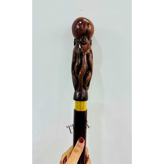 Vintage Handmade Octopus Head Brown Wooden Walking-Stick Hand Carved Wooden Walking Stick Octopus Head Handle Victorian Foldable Walking Cane for Seniors & Unisex Adults