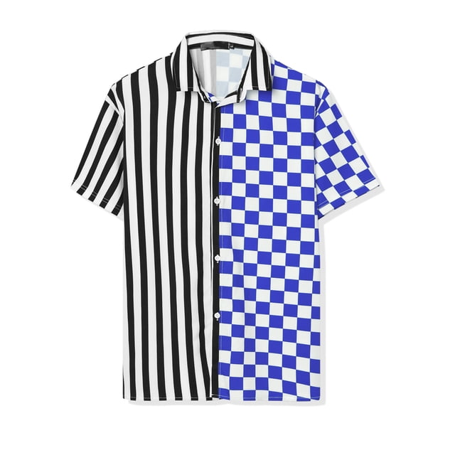 INSPIRE CHIC Camisa de cuadros a rayas estampada con botones y manga corta en color en contraste para hombre Azul negro M