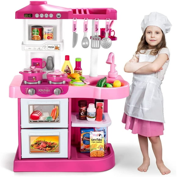 XUYIDAN Cuisine Jouet Ensemble de Jeu Nourriture Factice - 53 Pcs Jouets de Cuisine Roses pour Tout-Petits, Accessoires de Jouet Ensemble pour Tout-Petits avec Sons et Lumières Réels, Ensemble de Jeu Extérieur pour Enfants, Filles et Garçons