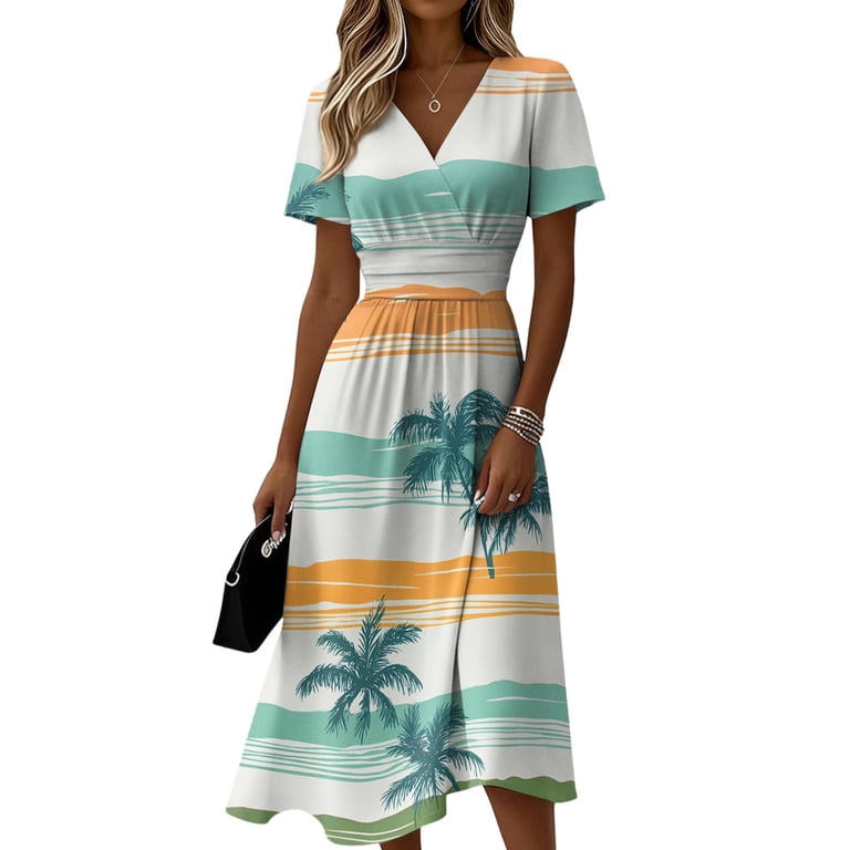 bohemian casual print v-neck waist wrap long dress Retro Palm Tree & Striped for Women Monitor_disable:2026-09-01 00:13
