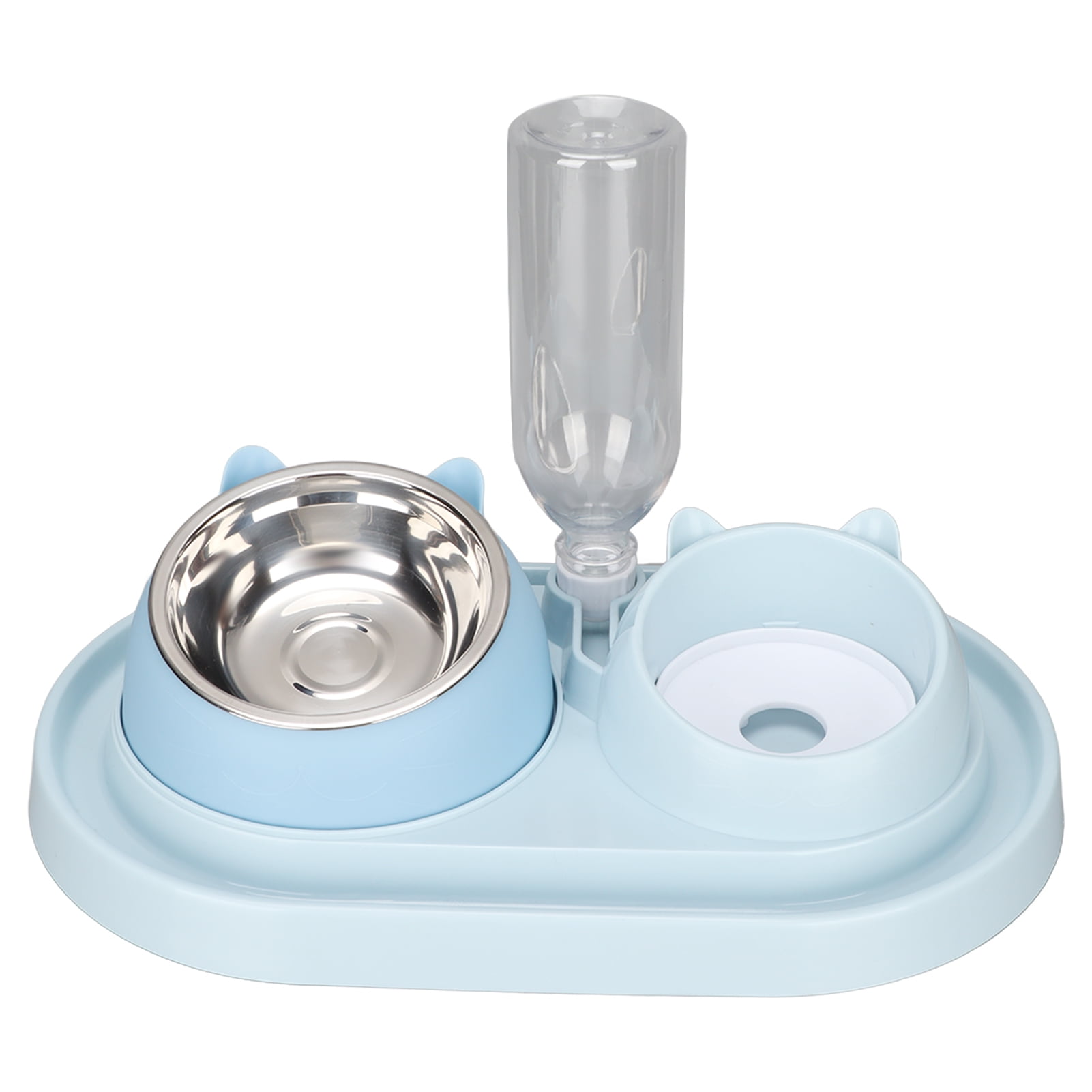 BIMZUC 3-in-1 Cat Food and Water Bowl Set, Automatic Water Dispenser, Tilted Stainless Steel Slow Feeder Bowl for Kittens, Puppies, Blue