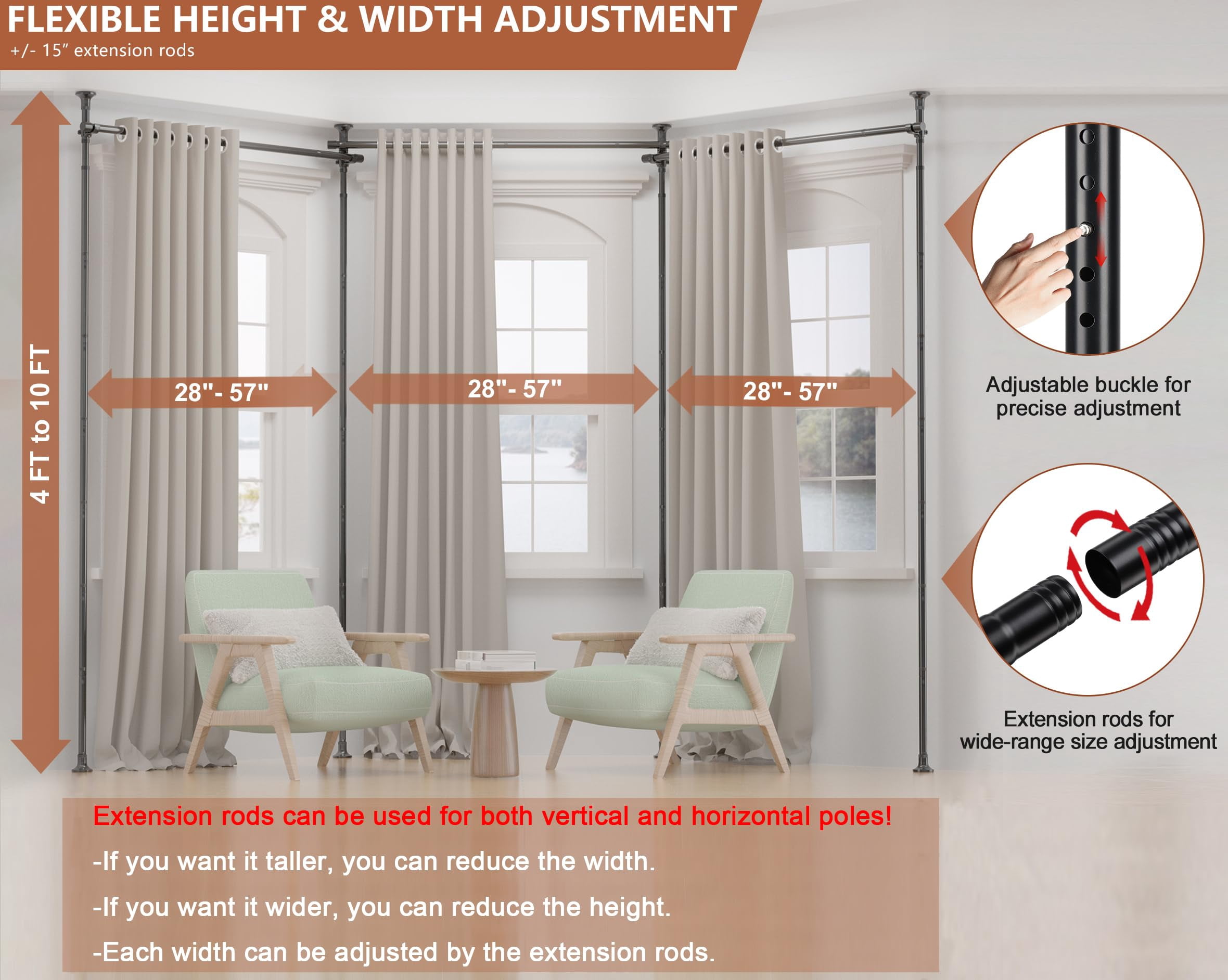 LCOKEIY Room Divider No Drilling Curtain Rods for Windows, 4-10ft(H) 28-171inch(W) Adjustable, Heavy Duty Curtain Rods Tension Rod Space Separator Ceiling Mounted, Black