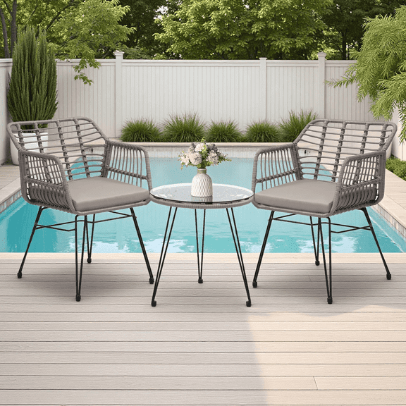 Skandiquip Small Patio Furniture Set, 3-Piece Outdoor Wicker Bistro Set for Front Porch, Balcony, Includes 2 Chairs with Matching Wicker Table,Grey