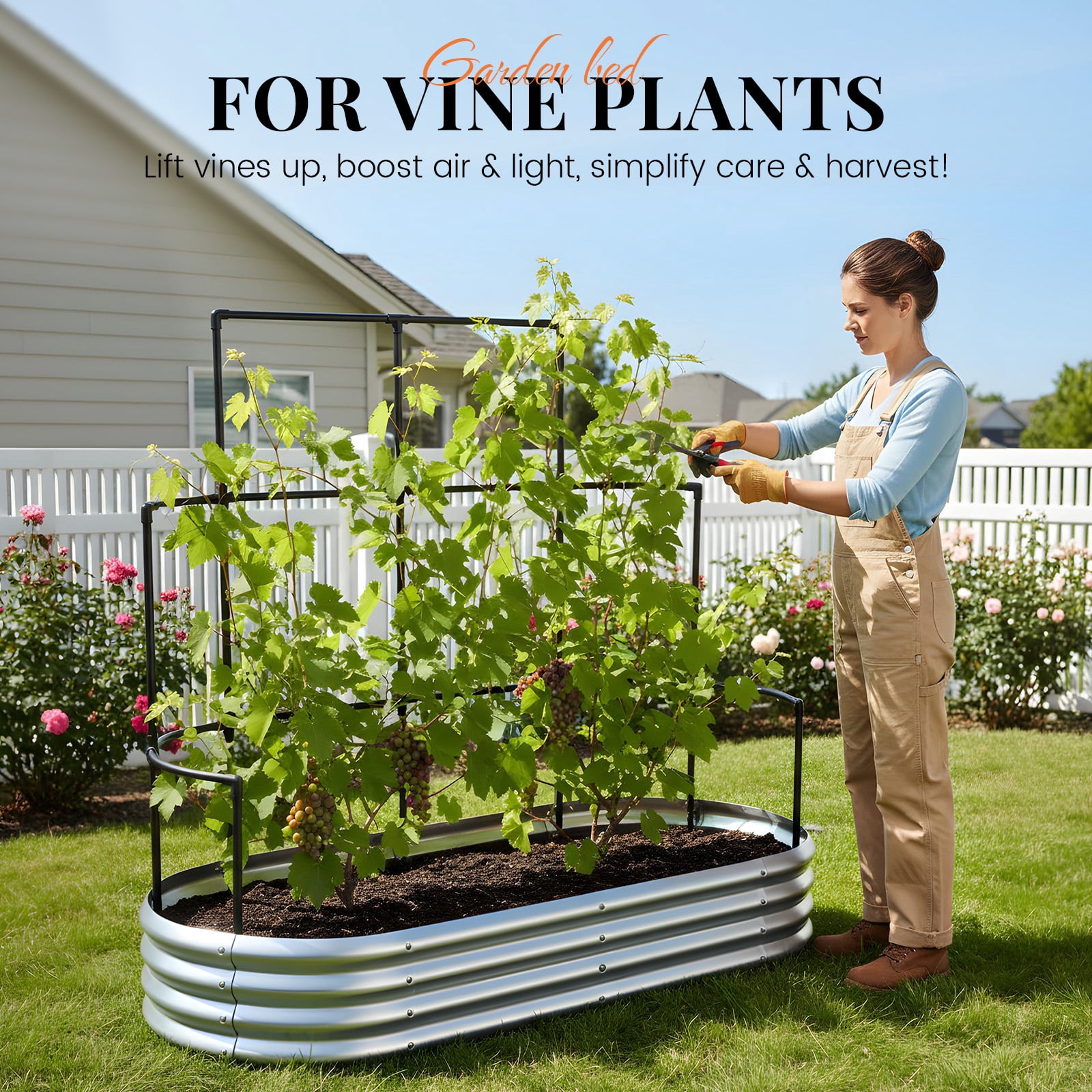 KING BIRD 6x3x1 ft Raised Garden Bed with Wall Trellis Galvanized Steel Metal Planter Garden Box Outdoor for Gardening Climbing Vegetables Flowers Silver