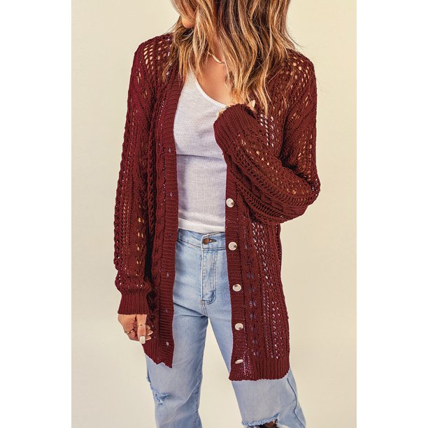 ABPHQTO Cárdigan de punto de croché de manga larga de color rojo vino para mujer