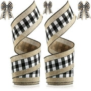 2 Rolls Christmas Buffalo Plaid Ribbons Burlap Wired Edge Plaid Ribbons Check Gingham Fabric Craft Ribbon for DIY Bows Wrapping Decoration, 6.5 Yards Long Each (Black-White,2.52 Inch Width)