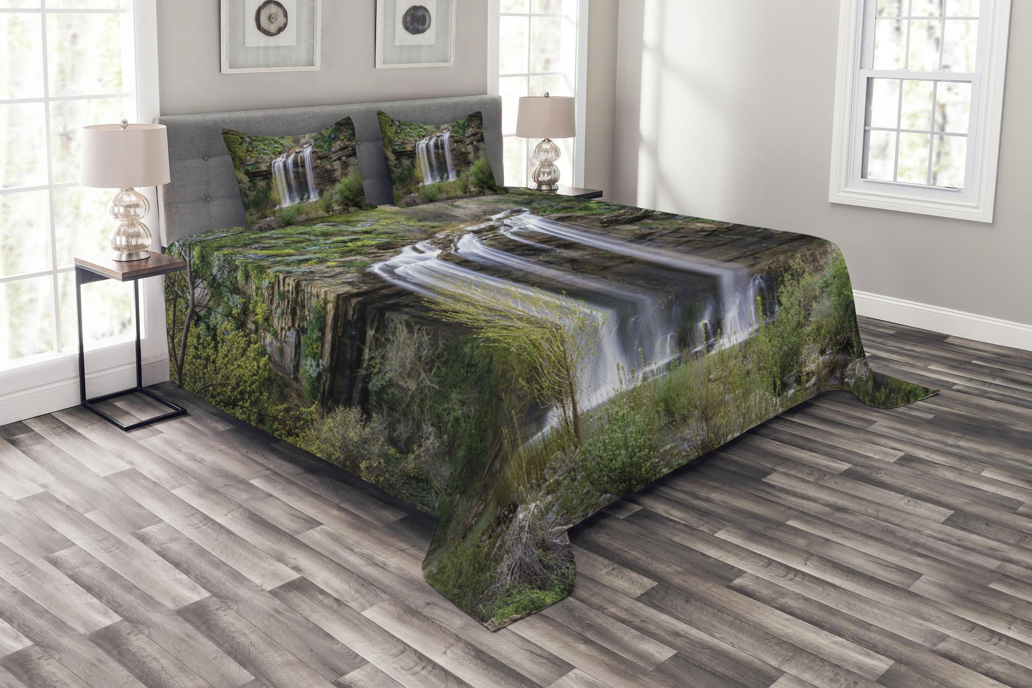 Nature Bedspread Set Queen Size, Photo of Waterfall Forest Jungle