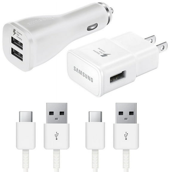 Original OEM Fast Charger Set for Samsung Galaxy S24, S23, S22, S21, S20, S10 Ultra, Plus 15W USB Fast Wall Charger Plug   Dual USB Car Charger Adapter   2x 4ft Type-C Cable [White]