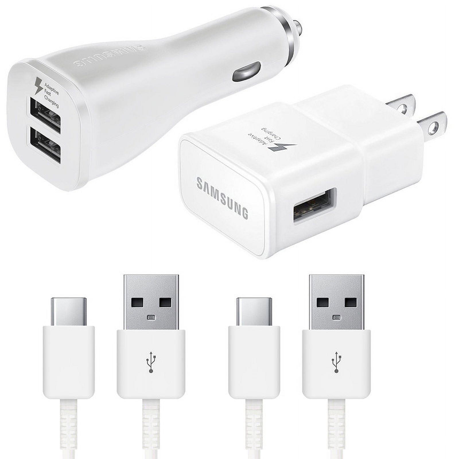Original OEM Fast Charger Set for Samsung Galaxy S24, S23, S22, S21, S20, S10 Ultra, Plus 15W USB Fast Wall Charger Plug + Dual USB Car Charger Adapter + 2x 4ft Type-C Cable [White]