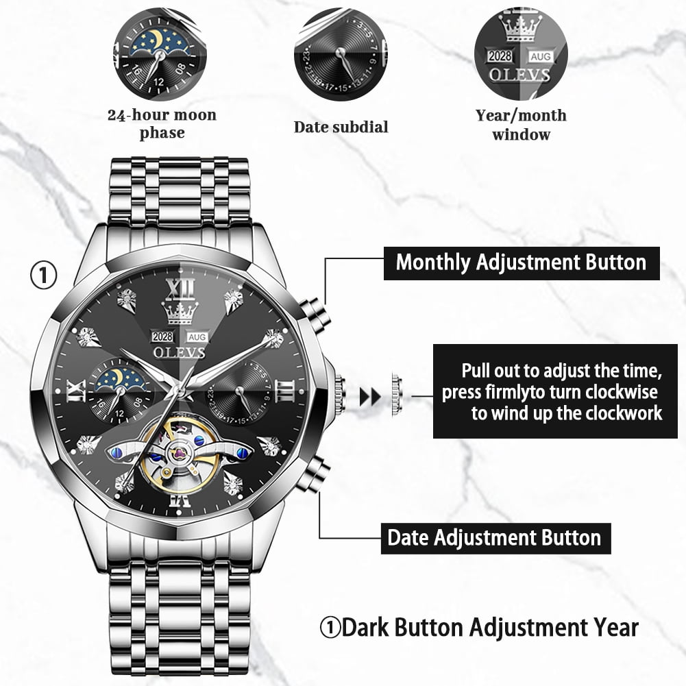 OLEVS Automatic Watches for Men Luxury Dress Waterproof Self Winding Mechanical Moon Phase Chronograph Stainless Steel Luminous Diamond Date Skeleton Tourbillon Wristwatch for Men Reloj Para Hombre