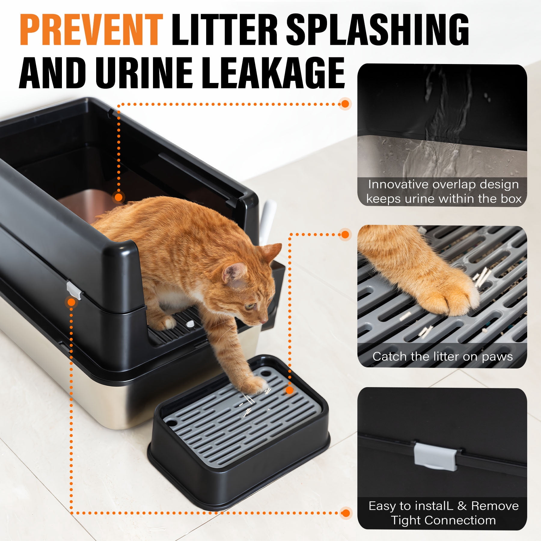 Stainless Steel Litter Box, XL Top Entry Cat Litter Box with Flip Lid, High Side Large Top Front Dual Exit Enclosed Cat Litter Pan Tray with Litter Scoop and Foot Pedal, Easy Cleaning, Anti-Leakage