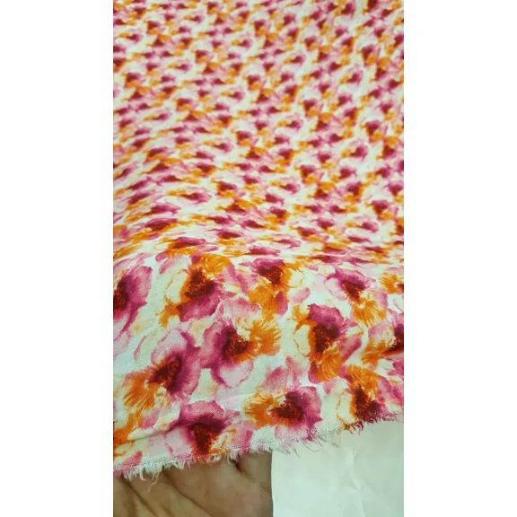 Rayon Challis Fabric By The Yard Fuchsia Pink Orange Floral Flowers Creme Backgr