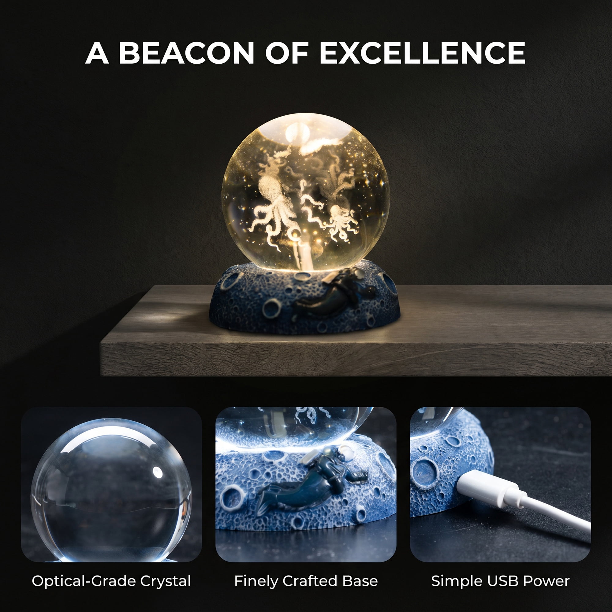 Unique Bargains Glowing Crystal Ball 3D Glass Ornament with LED Light Base Beige Style J