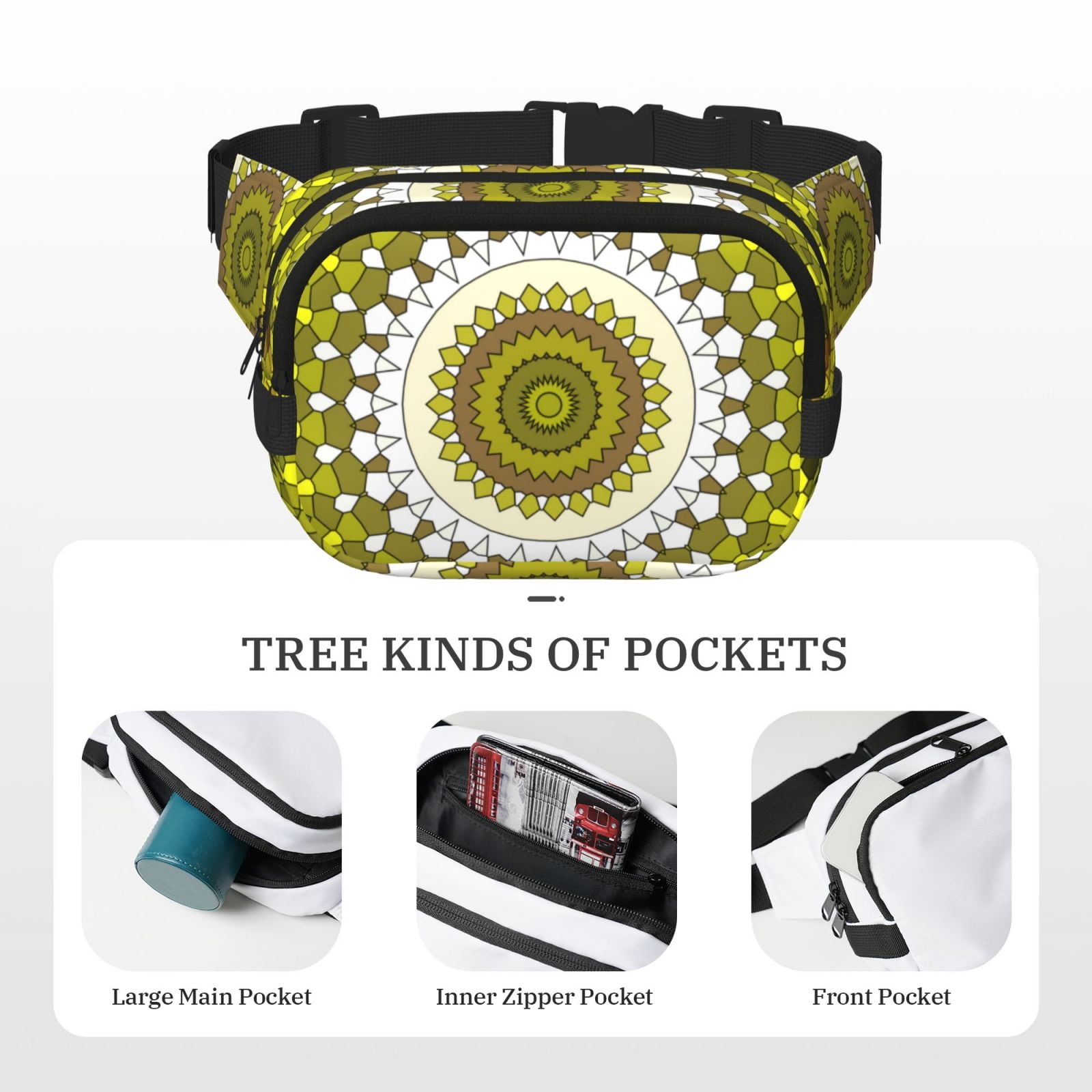 Picia Yellow Mandala Print Square Double-Layer Waist Bag Mini Adjustable Waist Belt Bag Exercise Running Travel Hiking