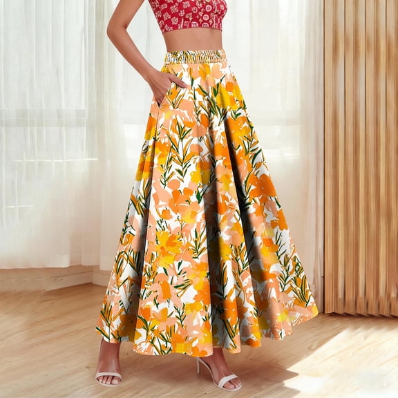 Blmnix Skirts for Women High Waisted Flare Floral Skirt Skirt Orange Long Skirt Womens Skirts Midi Length,XL