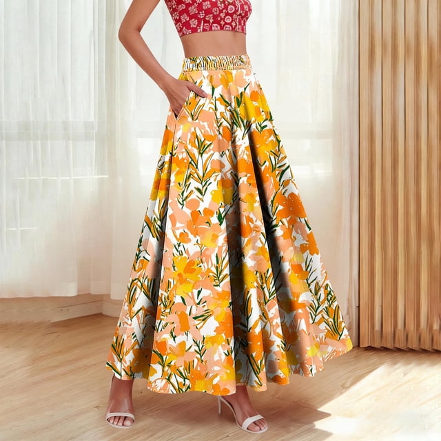 TaTaai Women's High Waist Boho Pattern Maxi Skirt Elastic A-Line Long Skirt Ruffle Hem with Side Pockets for Daily Casual and Travel Gift
