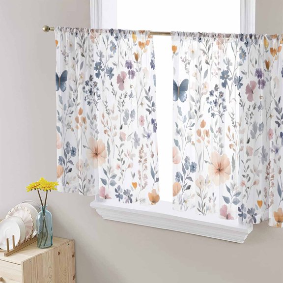 Watercolor Flower Sheer Curtains 45 Inch Length 2 Panels Set for Living Room/Bedroom, Spring Farm Leaf Country Retro Plant Curtain Sheers Drapes Rod Pocket Curtains Window Treatment Set 52''x45''x2