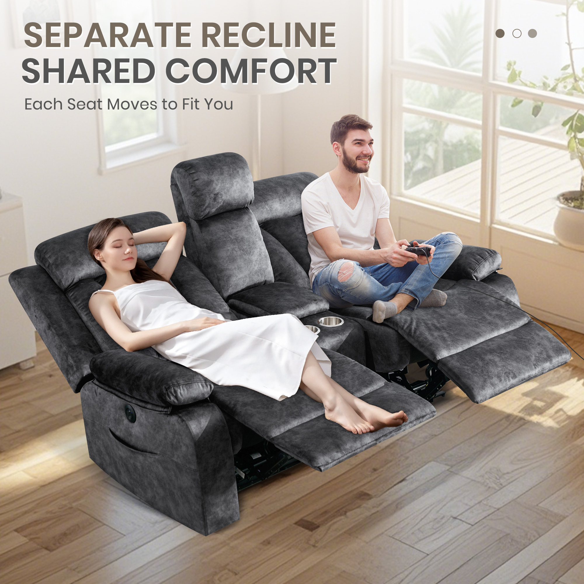 Reclining Loveseat-Power Reclining Loveseat with Console,Double Recliner Loveseat with Heat and Massage,Electric Loveseat Recliner with Cup Holders,USB & Type-C Charge Ports for Living Room,RV