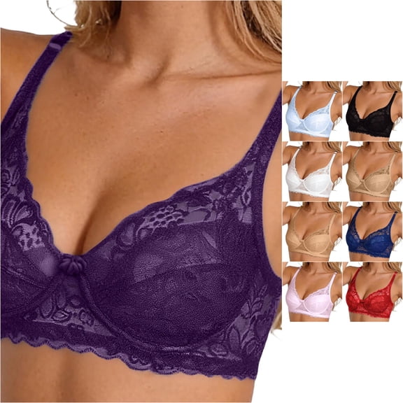 XFeng Women Floral Lace Underwire Bra, V Neck Adjustable Thin Straps Support Comfort Bra