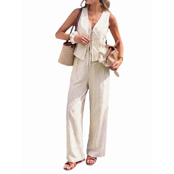 Women's Sleeveless Striped Wide Leg Outfits Tie Front Peplum Pants Sets Tank Top for Daily Wear Khaki S