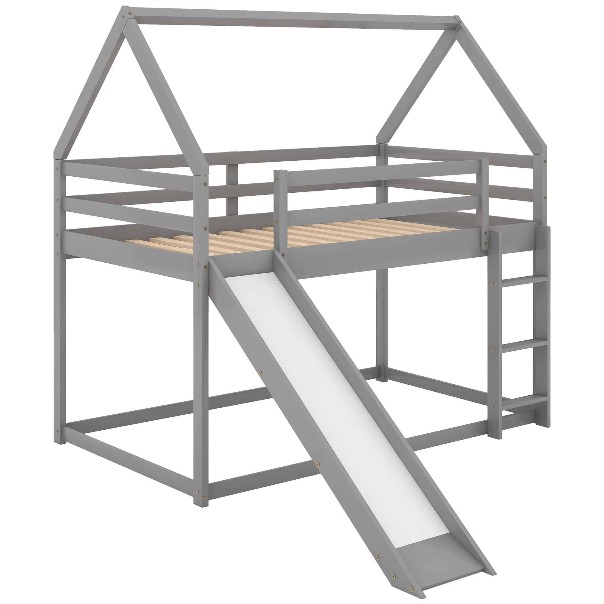 Aukfa Bunk Bed with Slide, Twin-over-Twin House Bed Frame for Kids - Gray