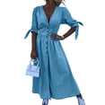 thumbnail image 3 of Vestido de Mezclilla con Cuello en V y Botones para Mujer, Cintura Media, Corta y Abertura Azul S, 3 of 8